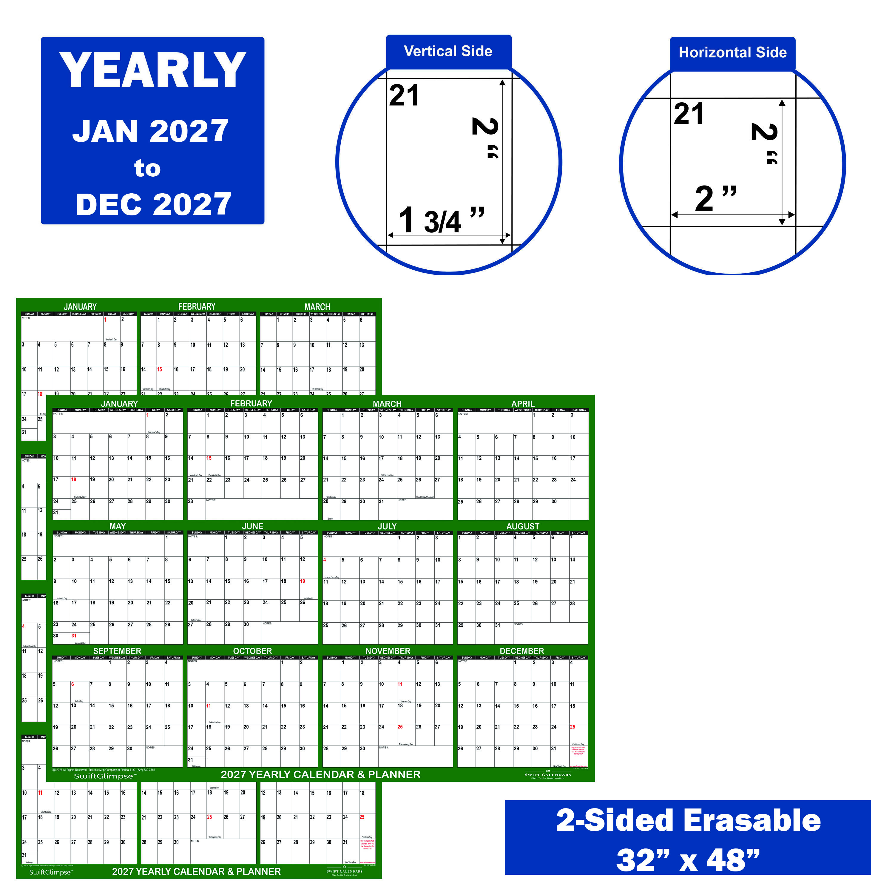2027 Wall Calendar Size Specifications Green 32