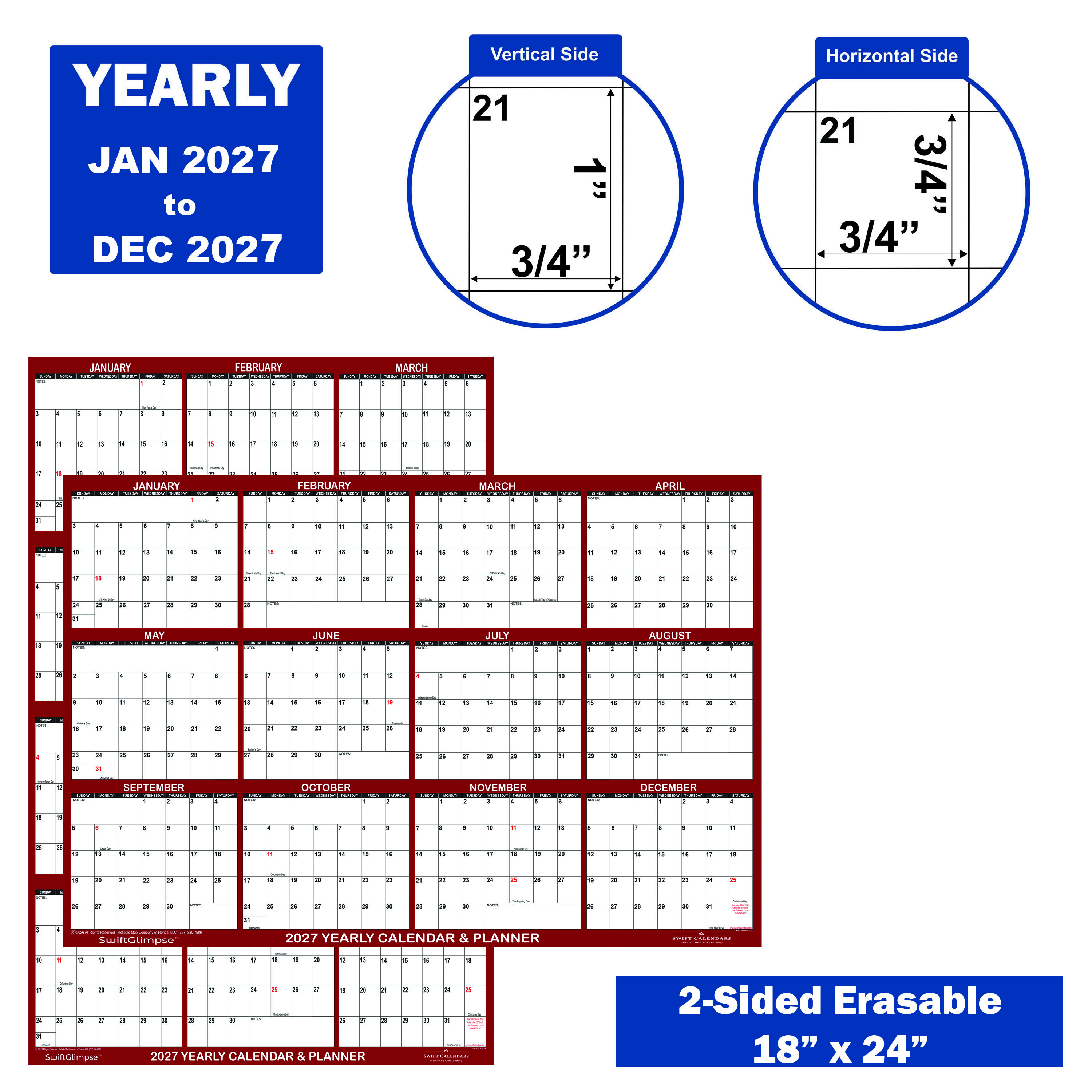 2027 Wall Calendar Size Specifications Maroon 18