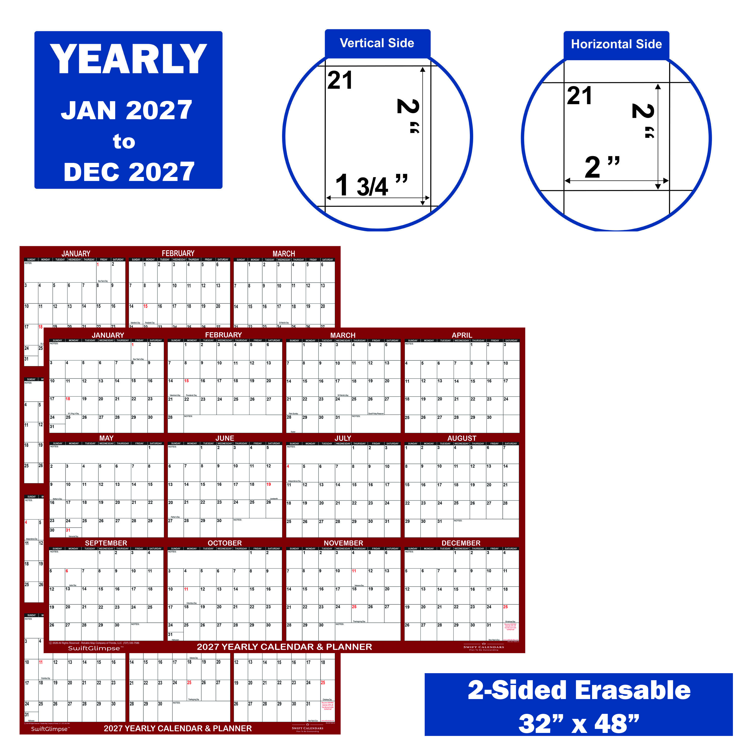 2027 Wall Calendar Size Specifications Maroon 32