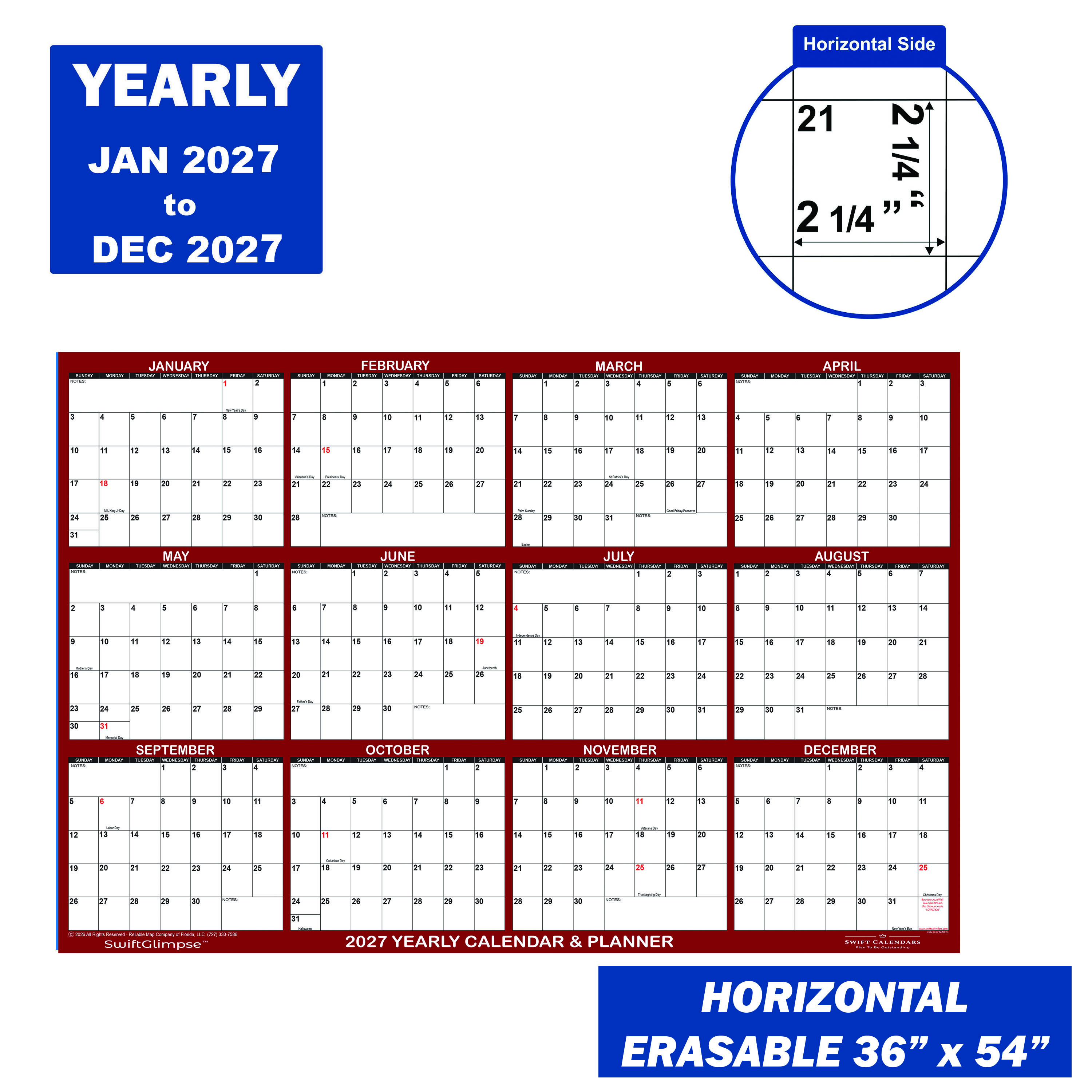 2027 Wall Calendar Size Specifications Maroon 36