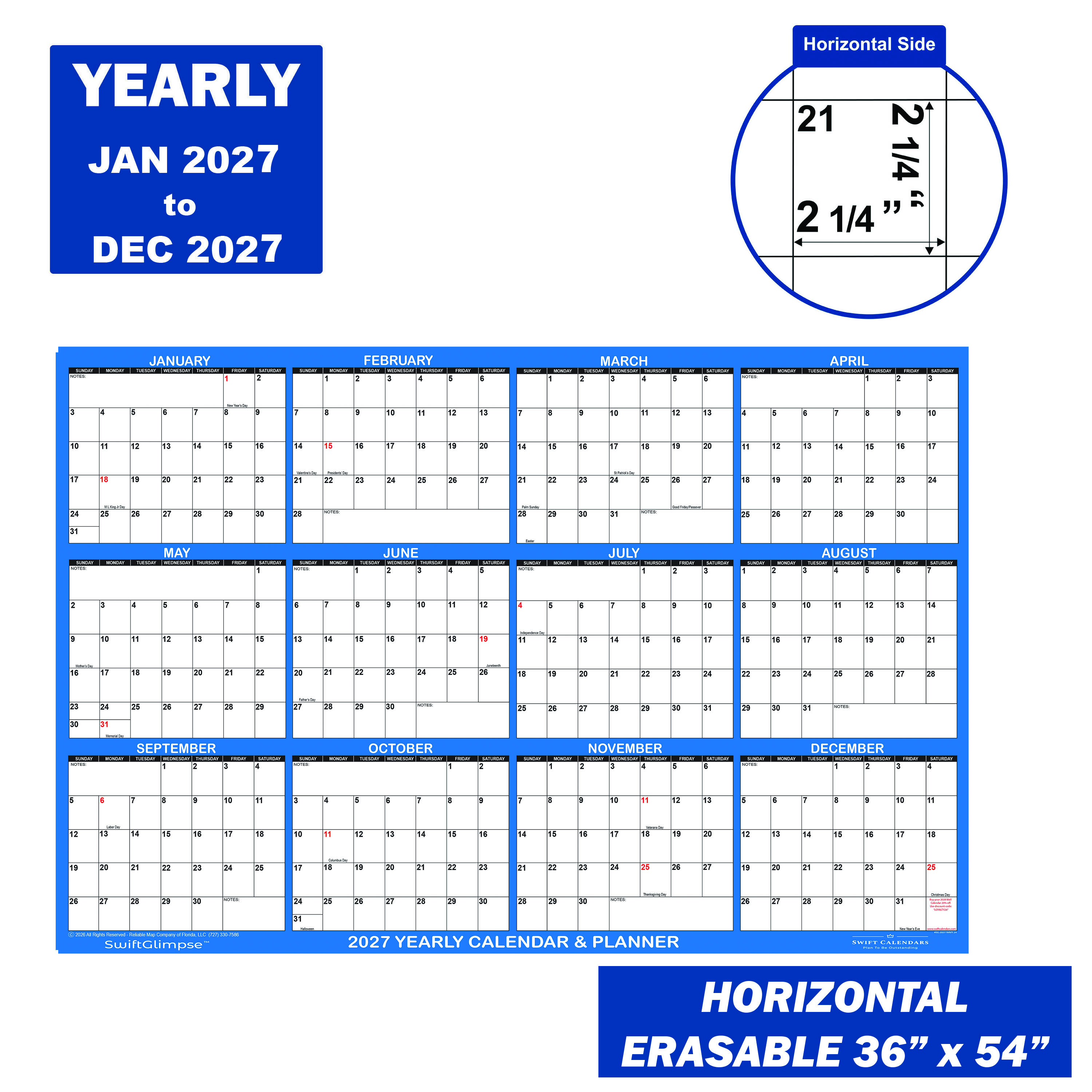 2027 Wall Calendar Size Specs Navy 36