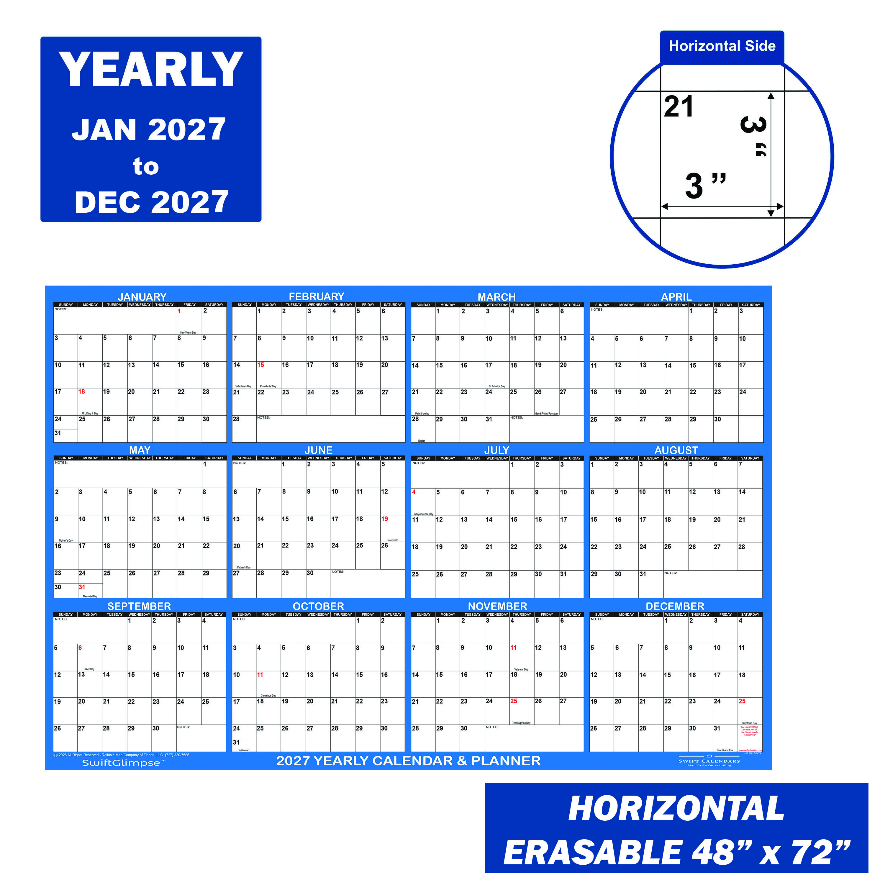 2027 Wall Calendar Size Specs Navy 48